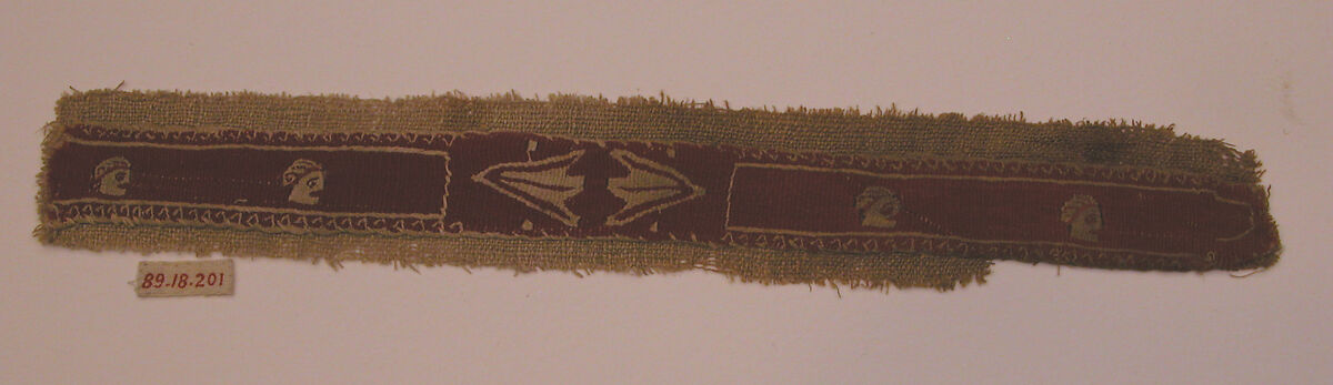 Band Fragment with Mask and Lotus Flowers, Wool, linen; plain weave, tapestry weave