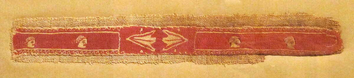 Band Fragment with Mask and Lotus Flowers, Wool, linen; plain weave, tapestry weave