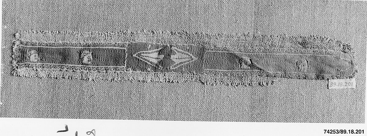 Band Fragment with Mask and Lotus Flowers, Wool, linen; plain weave, tapestry weave