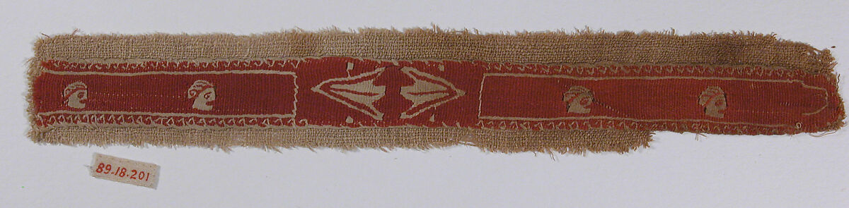 Band Fragment with Mask and Lotus Flowers, Wool, linen; plain weave, tapestry weave 