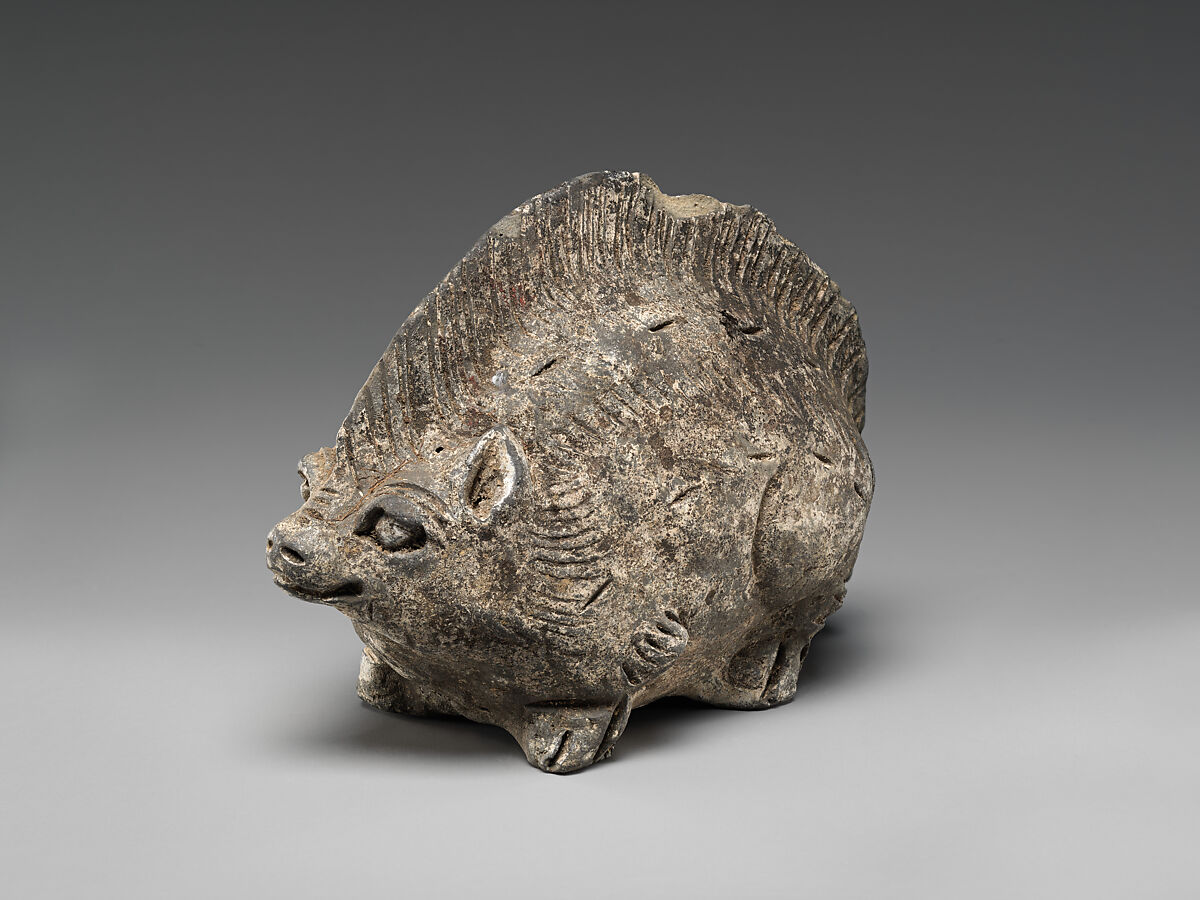 Chinese zodiac figure, pig, Grey earthenware with pigment, China