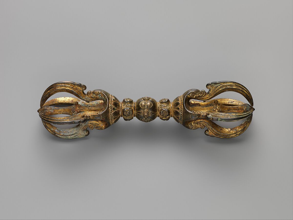 Vajra with Angry Heads and Makara Prongs, Gilt bronze, China 