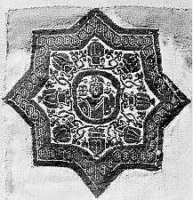 Fragment with an Eight-Pointed Star Containing a Warrior, Wool, linen; plain weave, tapestry weave