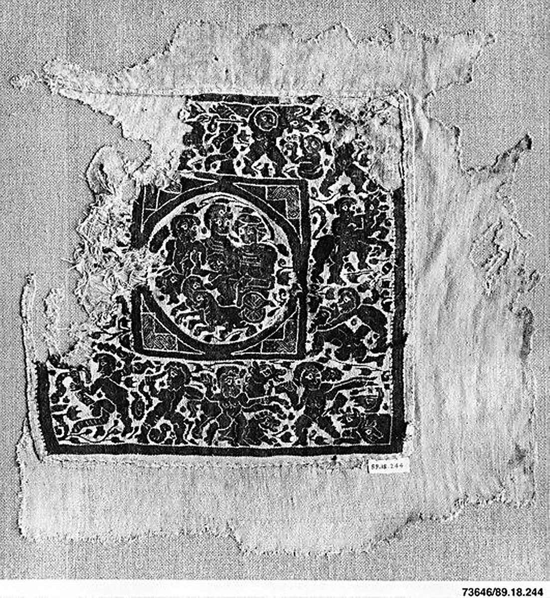 Fragment with the Triumph of Dionysos and the Labors of Herakles, Wool, linen; plain weave, tapestry weave