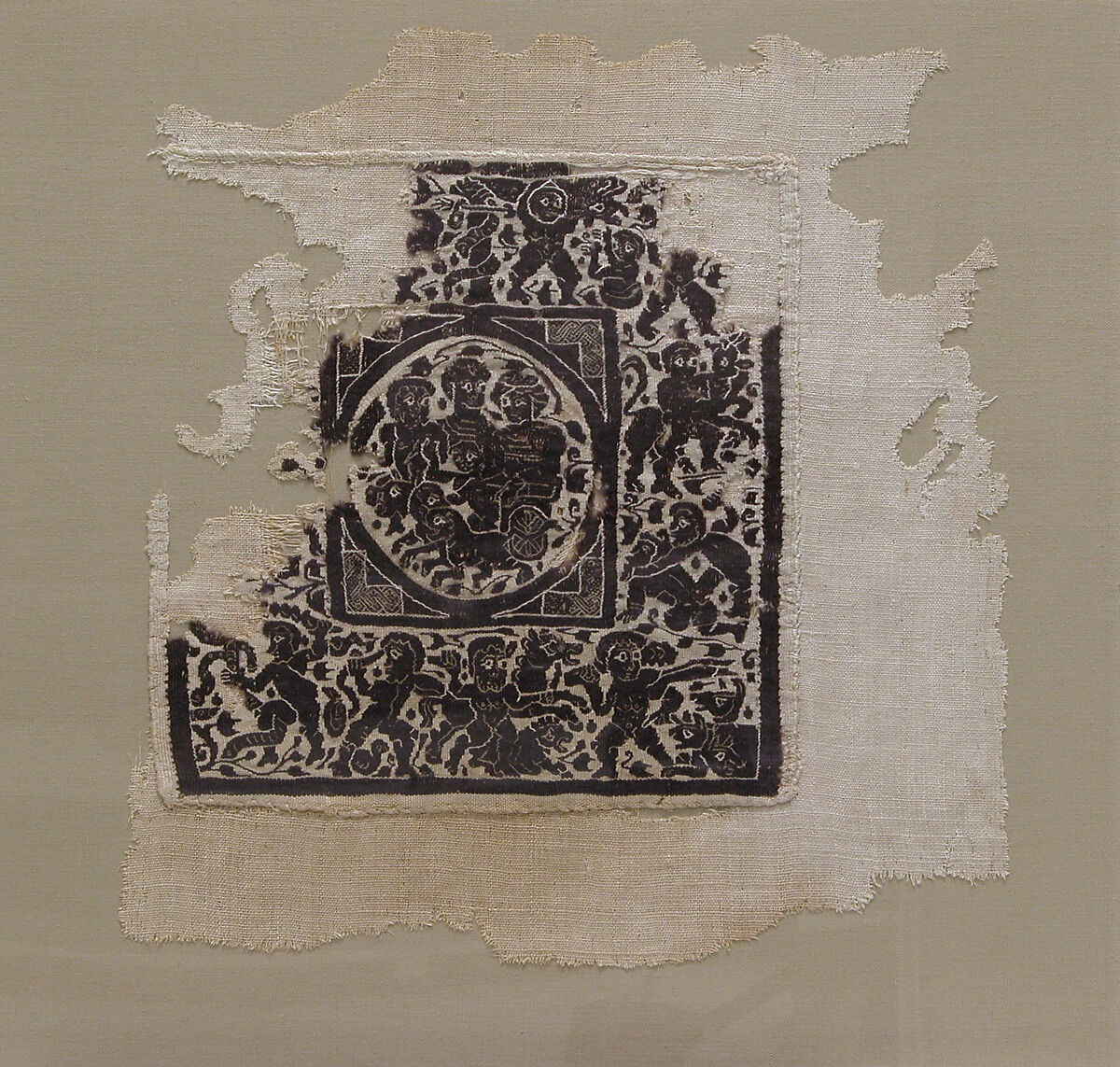 Fragment with the Triumph of Dionysos and the Labors of Herakles, Wool, linen; plain weave, tapestry weave