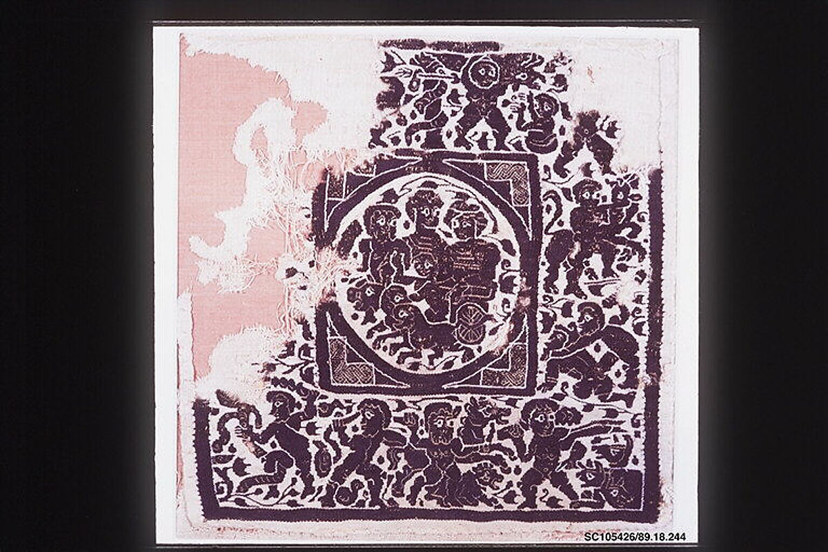 Fragment with the Triumph of Dionysos and the Labors of Herakles, Wool, linen; plain weave, tapestry weave