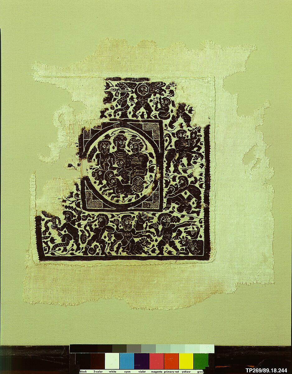 Fragment with the Triumph of Dionysos and the Labors of Herakles, Wool, linen; plain weave, tapestry weave