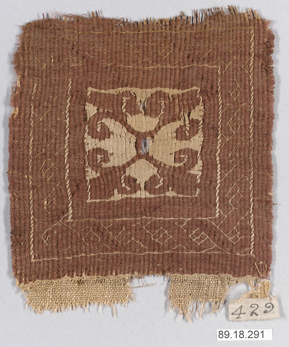 Textile Fragment, Wool, linen; plain weave, tapestry weave 