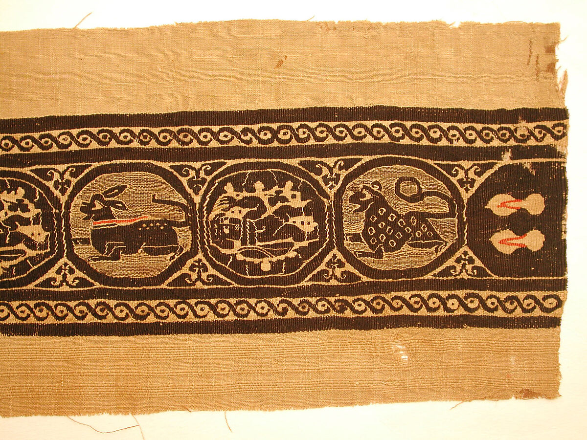 Textile Fragment, Wool, linen; plain weave, tapestry weave