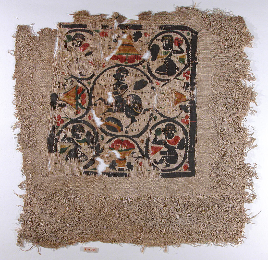 Textile Fragment, Wool, linen; plain weave, tapestry weave, weft loop weave 