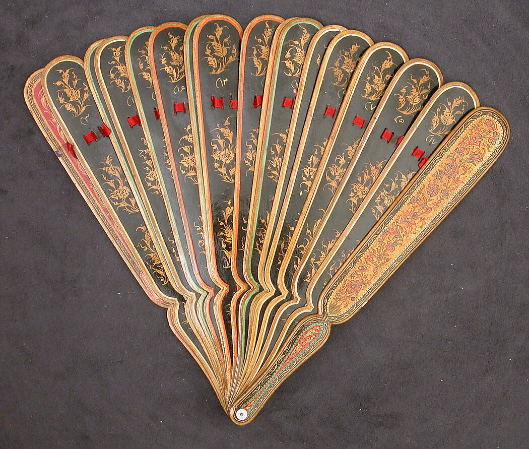 Fan with Poetic Verses, Wood; painted, gilded, and lacquered