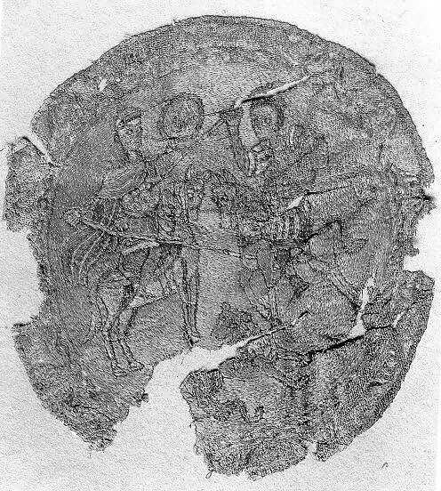 Roundel with Mounted Warriors and a Lion, Linen; plain weave, embroidered in silk