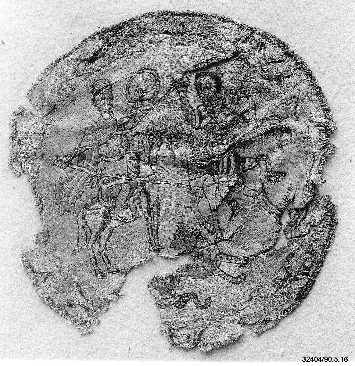 Roundel with Mounted Warriors and a Lion, Linen; plain weave, embroidered in silk