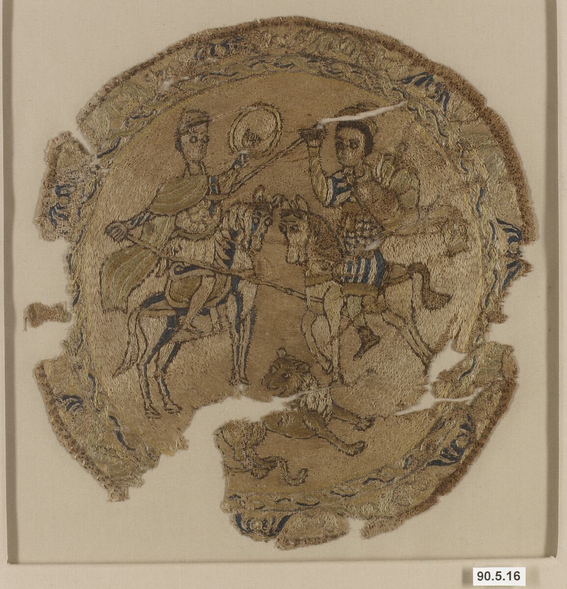Roundel with Mounted Warriors and a Lion, Linen; plain weave, embroidered in silk 