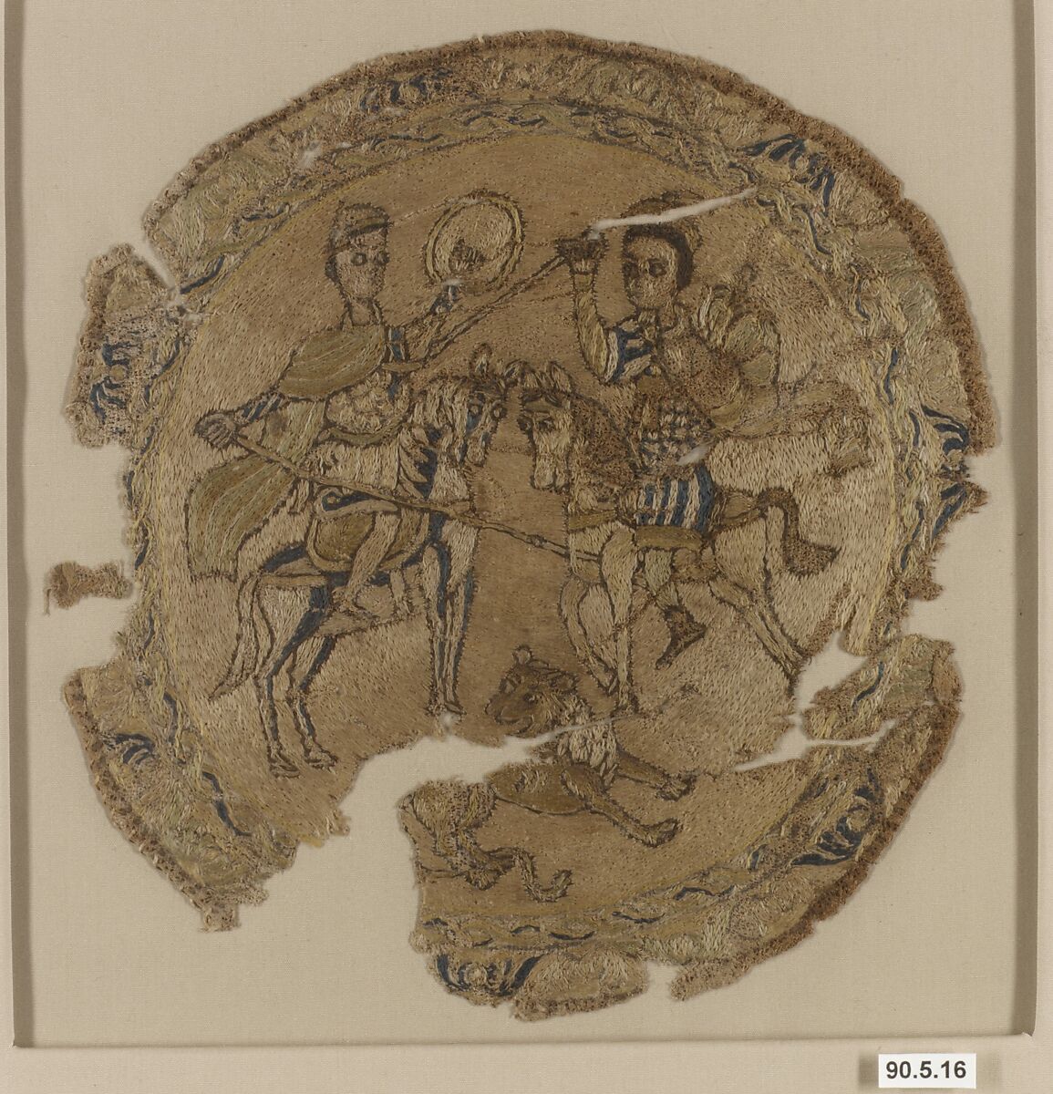 Roundel with Mounted Warriors and a Lion, Linen; plain weave, embroidered in silk