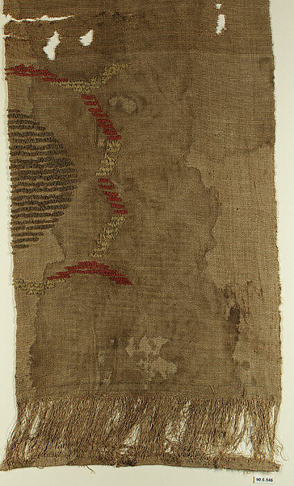 Textile Fragment, Wool, linen; plain weave, weft loop weave 