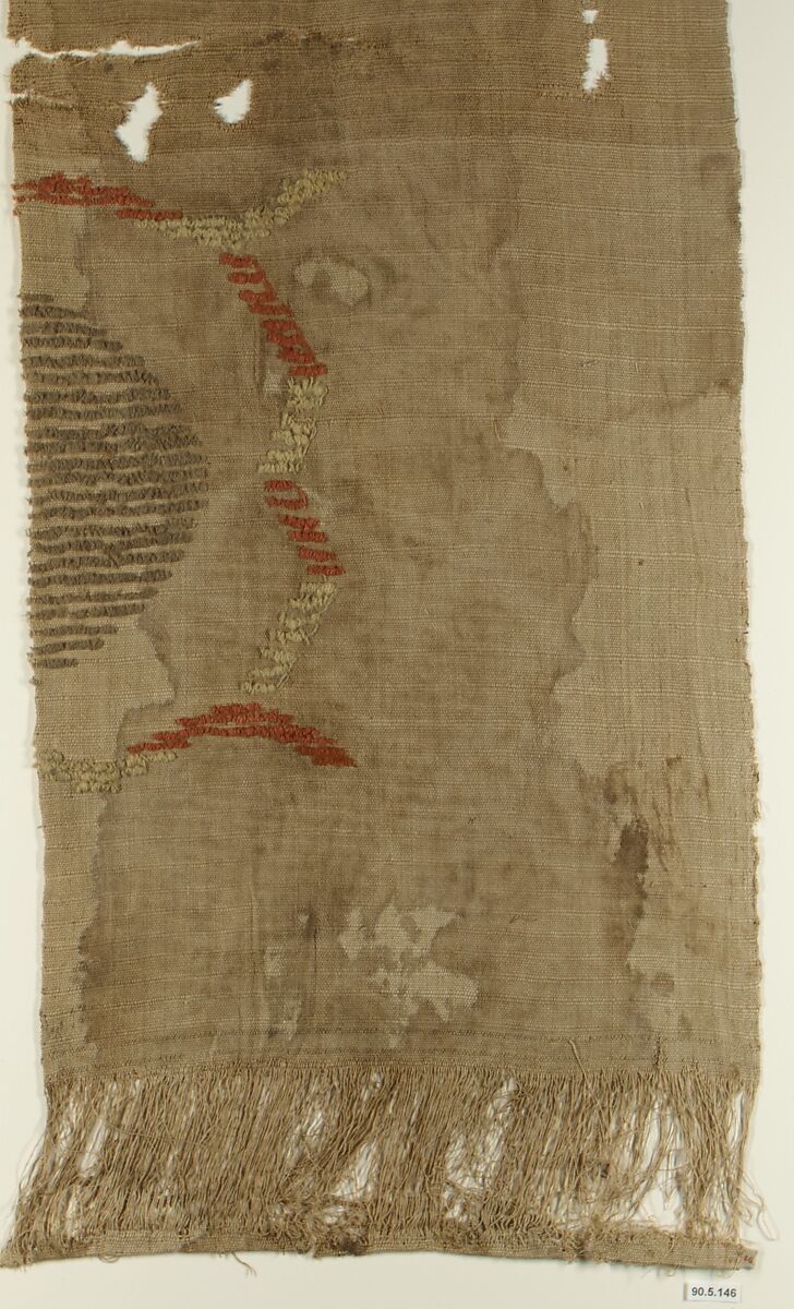 Textile Fragment, Wool, linen; plain weave, weft loop weave