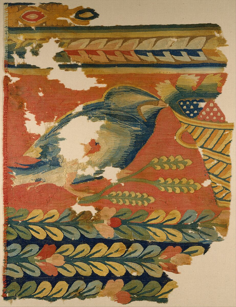 Hanging Fragment with Bird and Basket, Wool, linen; tapestry weave