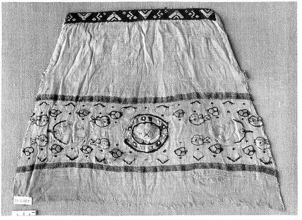 Sleeve Fragment with a Band with Fish and Blossoms, Tapestry weave in polychrome wool and undyed linen on plain-weave ground of undyed linen; applied weft-pattern band in wool and undyed linen