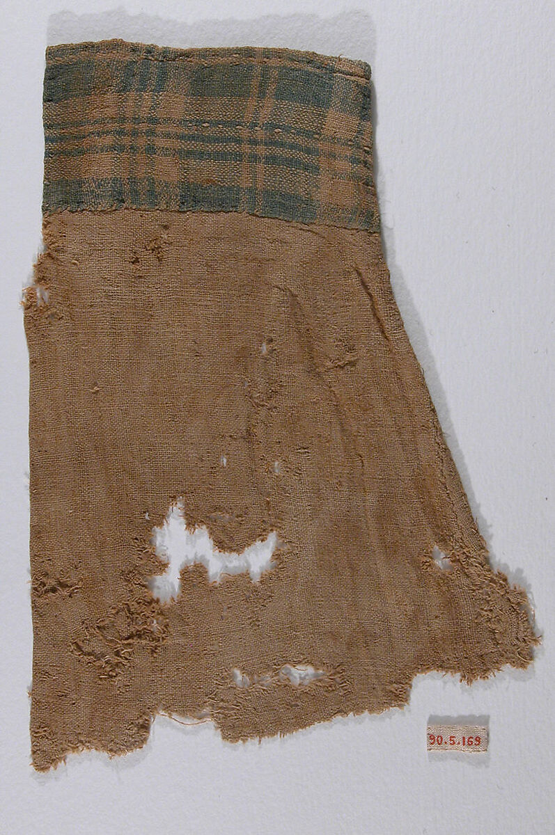 Sleeve Fragment with Plaid Cuff, Linen; plain weave 