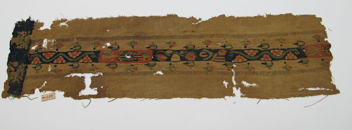 Fragment with Tapestry-Weave Band and  Applied Border, Wool, linen; plain weave, tapestry weave