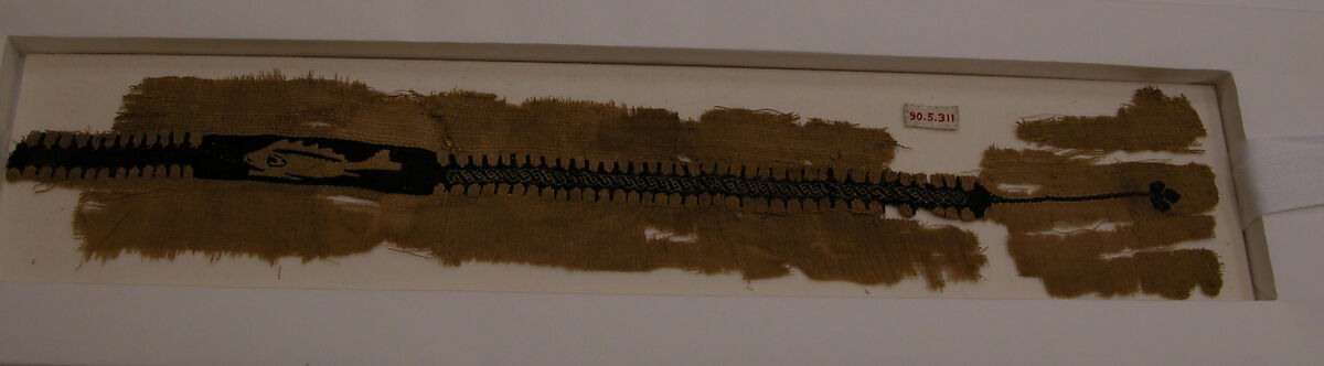 Fragment if a Tunic with a Fish Motif Shoulder Band, Wool, linen; plain weave, tapestry weave