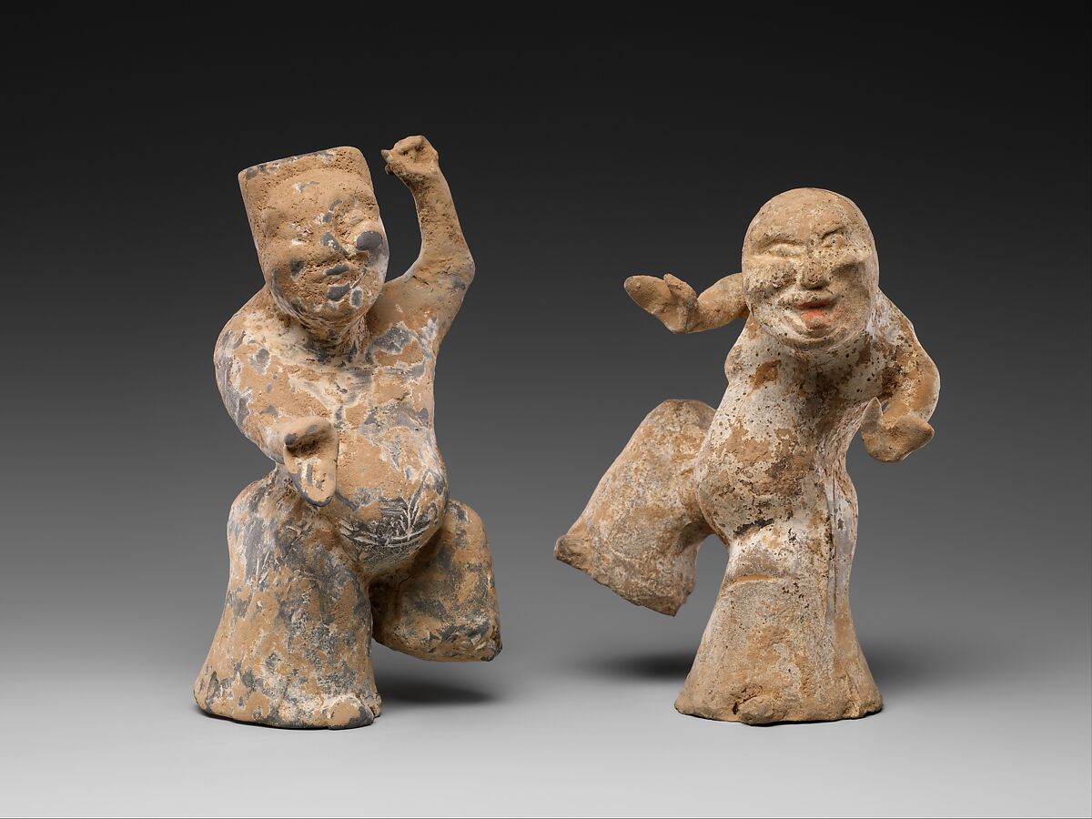 Rustic Dancers, Earthenware with traces of pigment, China 
