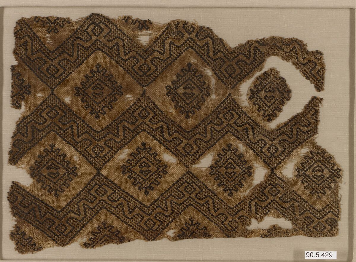 Textile Fragment, Linen, silk; plain weave, brocaded 