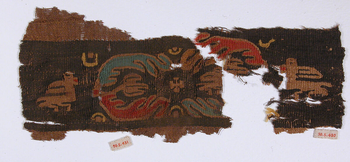 Textile Fragment, Wool, linen; plain weave, tapestry weave