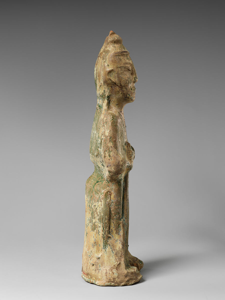 Standing Farmer holding a Pitchfork, Earthenware with green lead glaze, China