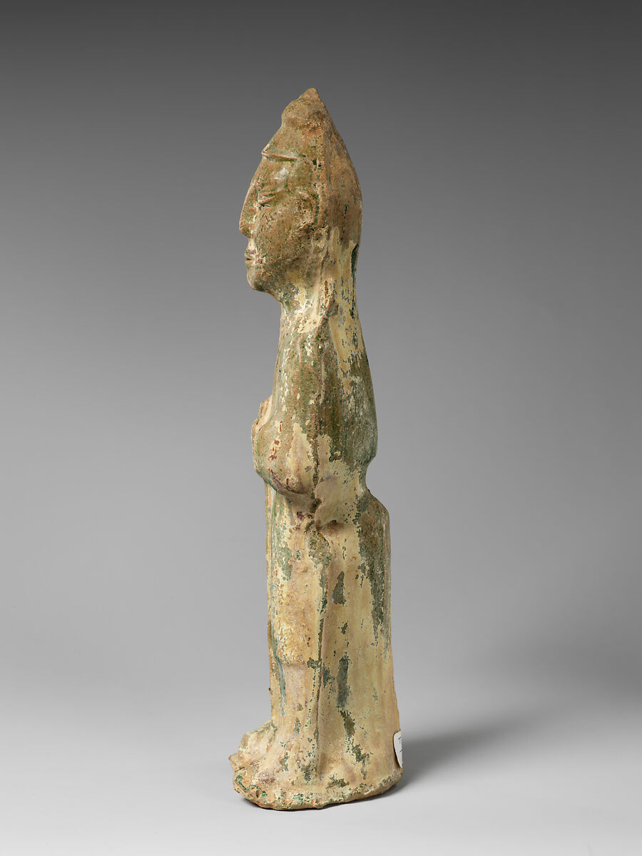 Standing Farmer holding a Pitchfork, Earthenware with green lead glaze, China