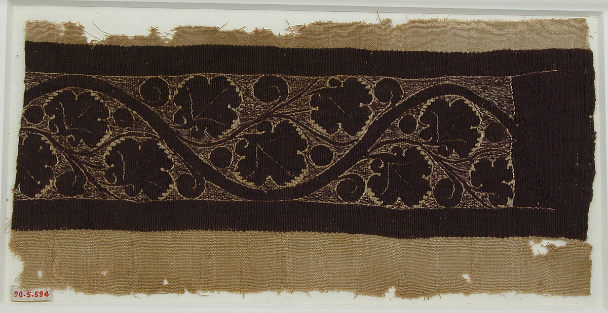 Band with Vine Scroll, Tapestry weave in purple wool (dyed with indigotin-containing dye and madder) and undyed linen on plain-weave ground of undyed linen; details in flying shuttle with undyed linen