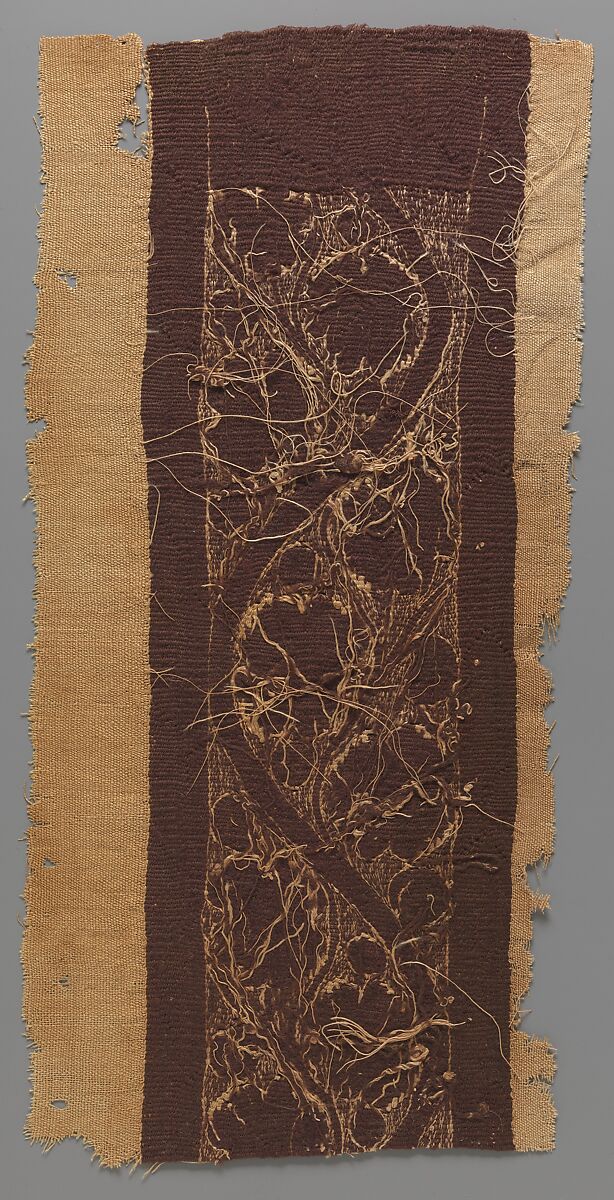 Band with Vine Scroll, Tapestry weave in purple wool (dyed with indigotin-containing dye and madder) and undyed linen on plain-weave ground of undyed linen; details in flying shuttle with undyed linen