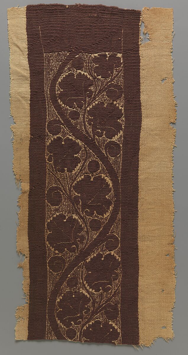 Band with Vine Scroll, Tapestry weave in purple wool (dyed with indigotin-containing dye and madder) and undyed linen on plain-weave ground of undyed linen; details in flying shuttle with undyed linen 