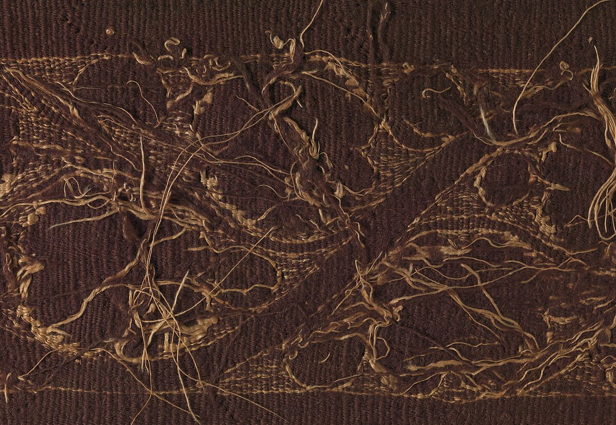 Band with Vine Scroll, Tapestry weave in purple wool (dyed with indigotin-containing dye and madder) and undyed linen on plain-weave ground of undyed linen; details in flying shuttle with undyed linen