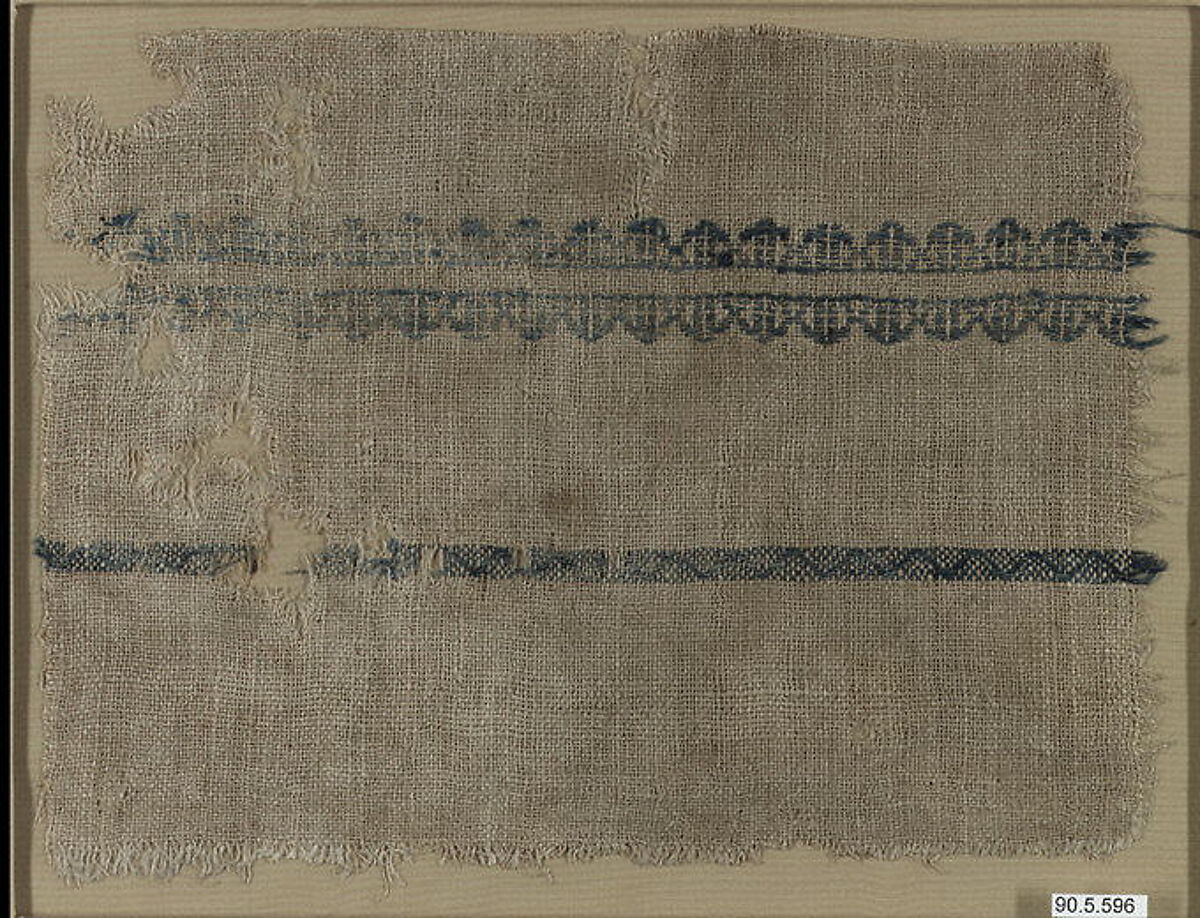 Fragment with Blue Bands, Wool, linen; plain weave, tapestry weave 