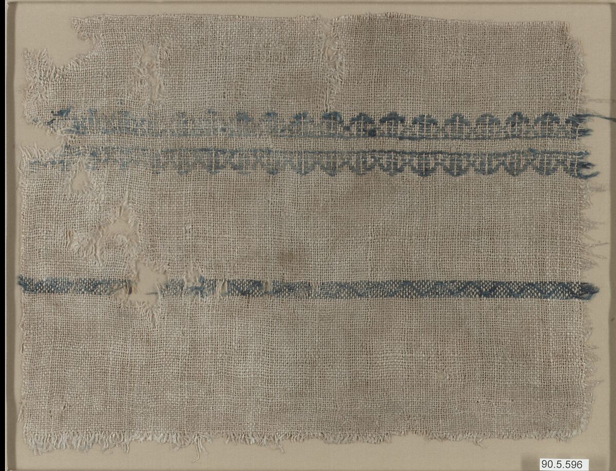 Fragment with Blue Bands, Wool, linen; plain weave, tapestry weave