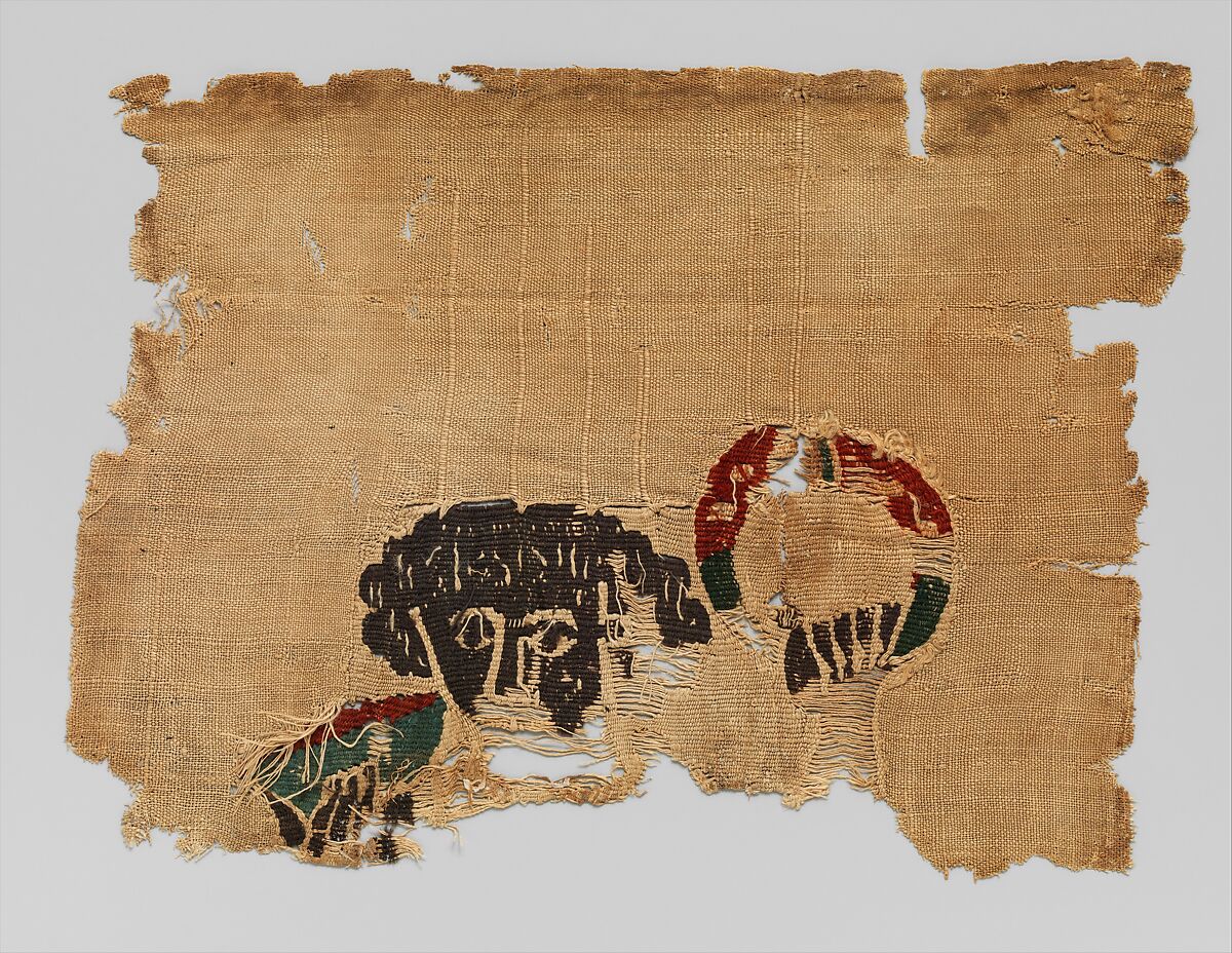 Fragment with the Head of a Figure, Wool, linen; plain weave, tapestry weave