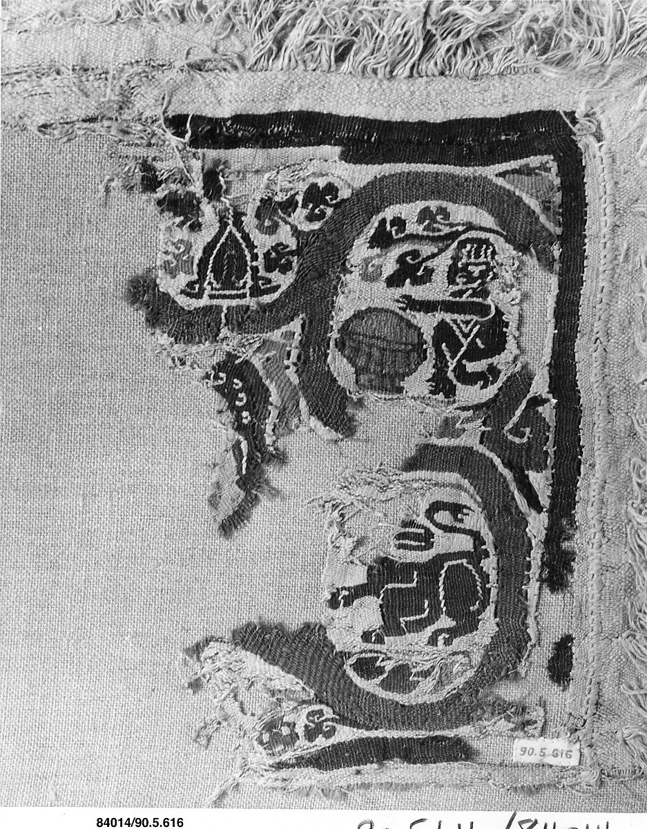 Textile Fragment, Wool, linen; plain weave, tapestry weave, weft loop weave