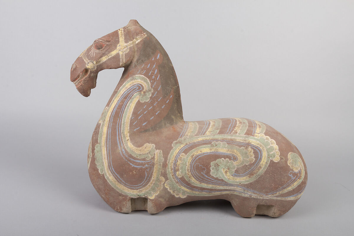 Horse and cavalry rider, Earthenware with pigment, China