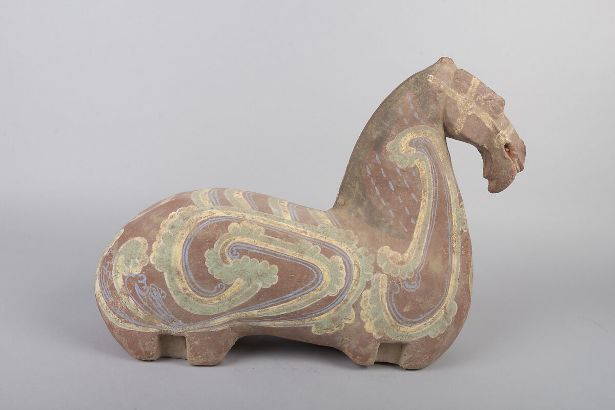 Horse and cavalry rider, Earthenware with pigment, China