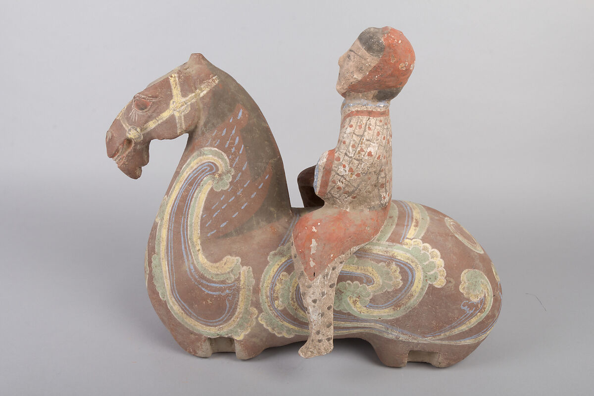 Horse and cavalry rider, Earthenware with pigment, China