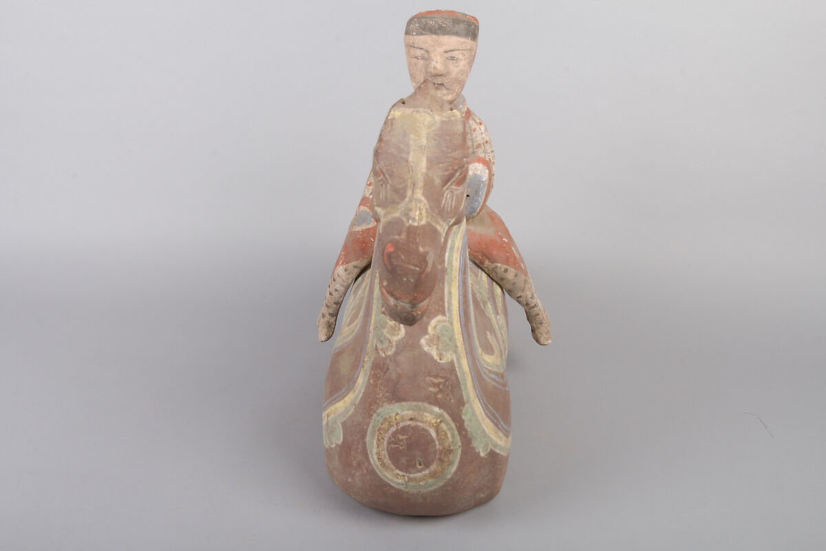 Horse and cavalry rider, Earthenware with pigment, China