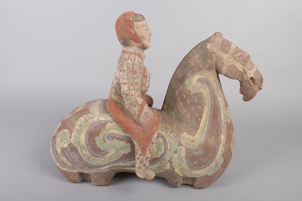 Kneeling Horse and Separately Modeled Rider, Grey earthenware, China 