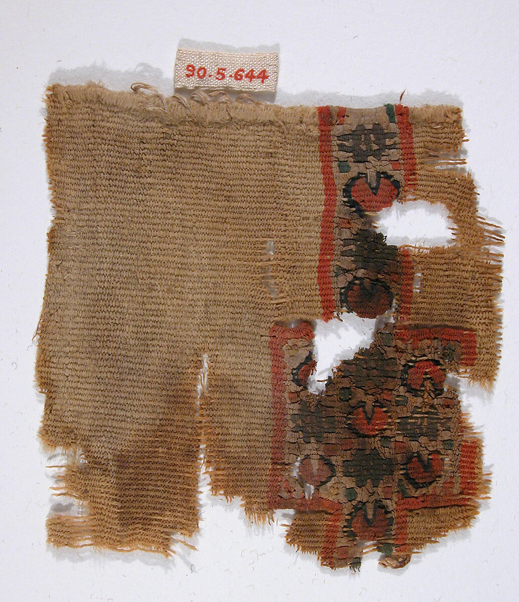 Textile Fragment, Wool, linen; plain weave, tapestry weave 