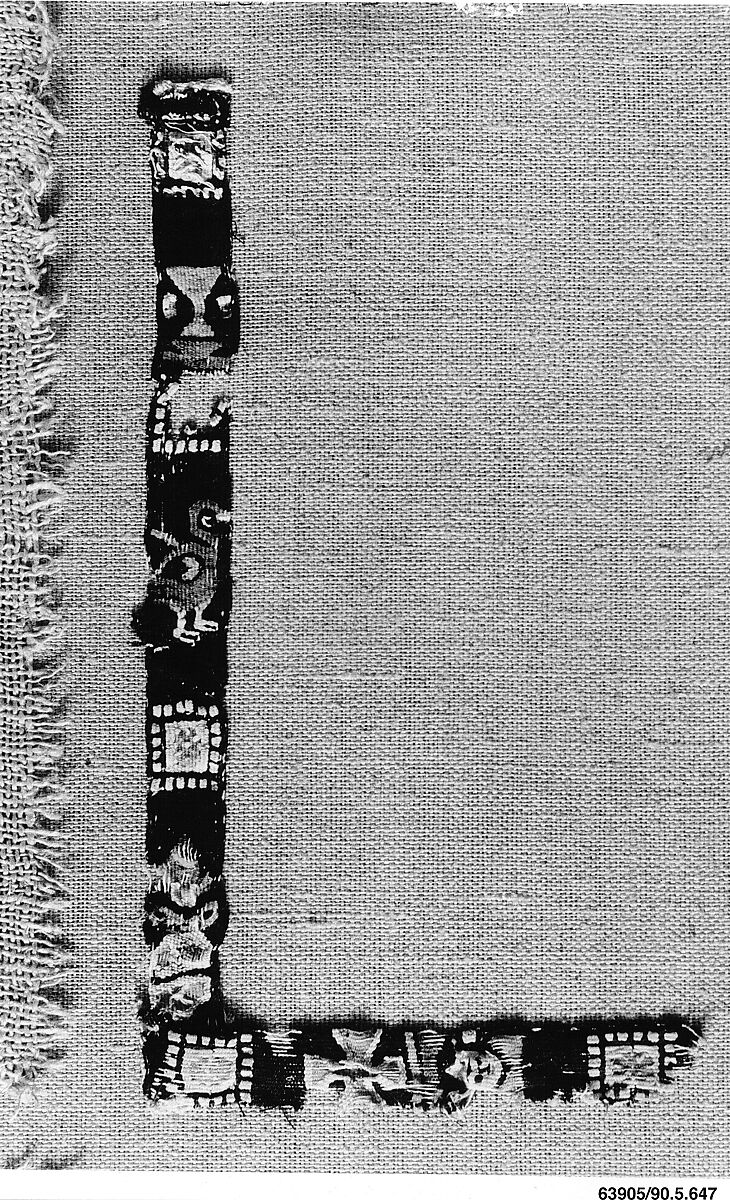 Fragment of a Band with Birds, Cross, and Head, Wool, linen; tapestry weave