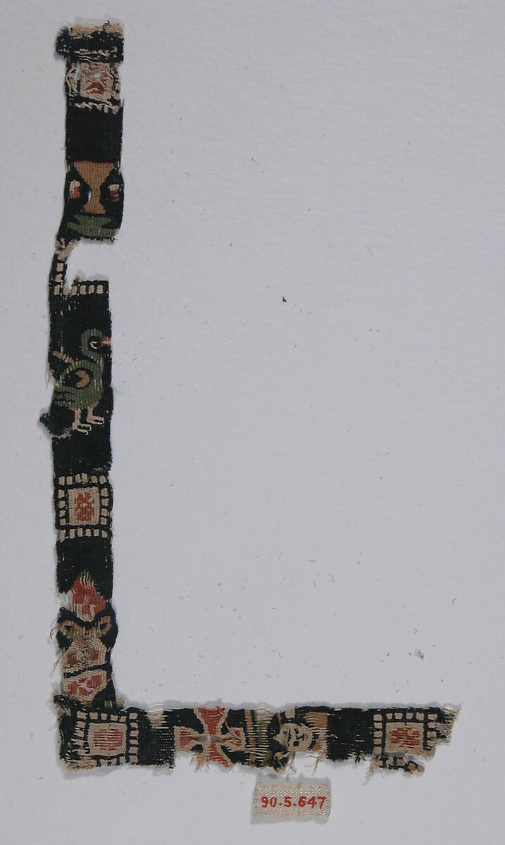 Fragment of a Band with Birds, Cross, and Head, Wool, linen; tapestry weave