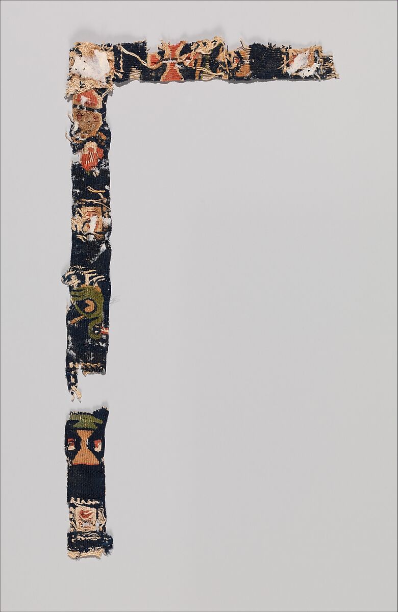 Fragment of a Band with Birds, Cross, and Head, Wool, linen; tapestry weave