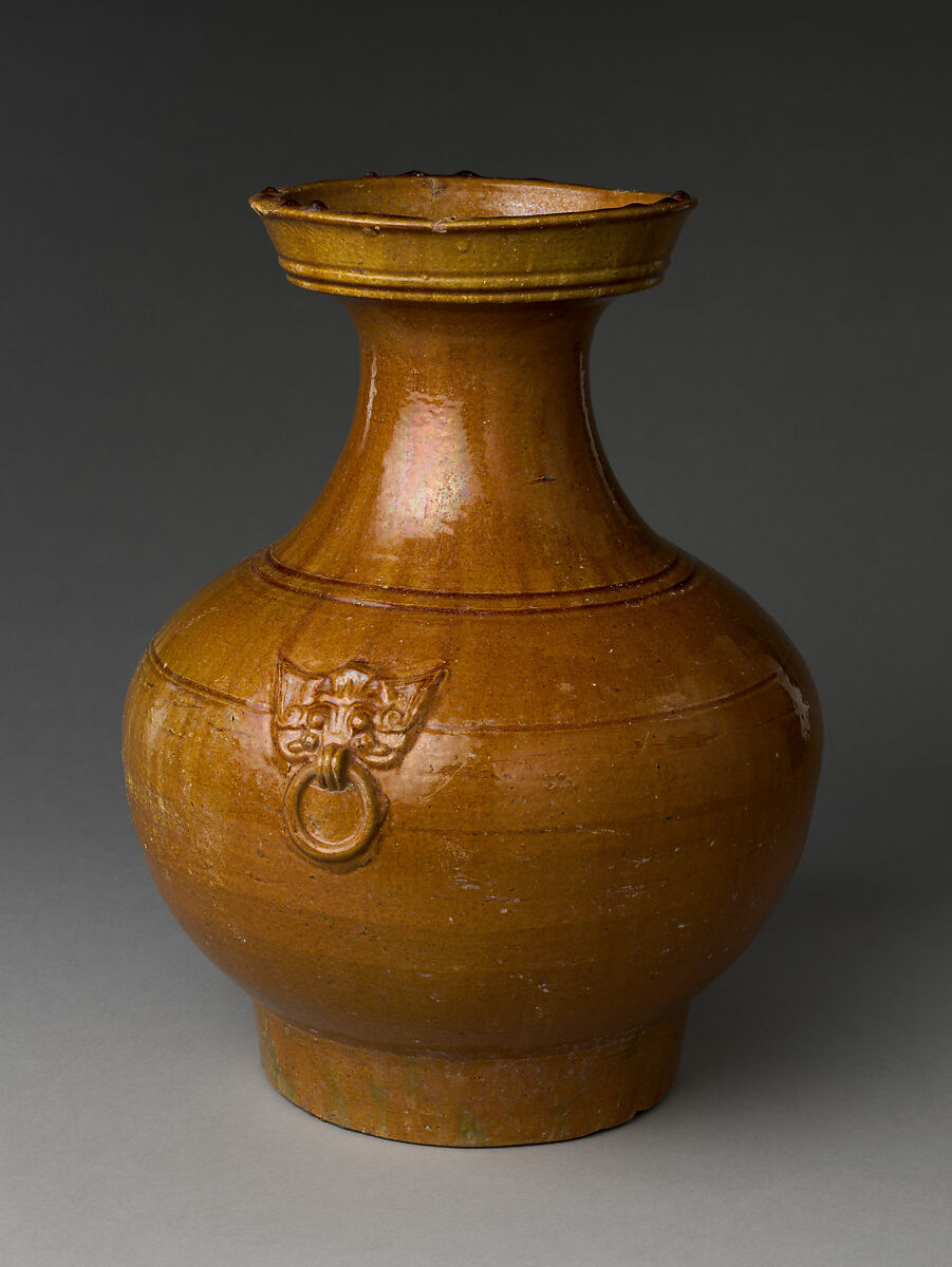 Jar in Shape of Archaic Bronze Vessel (Hu), Earthenware with incised decoration under amber glaze, China 