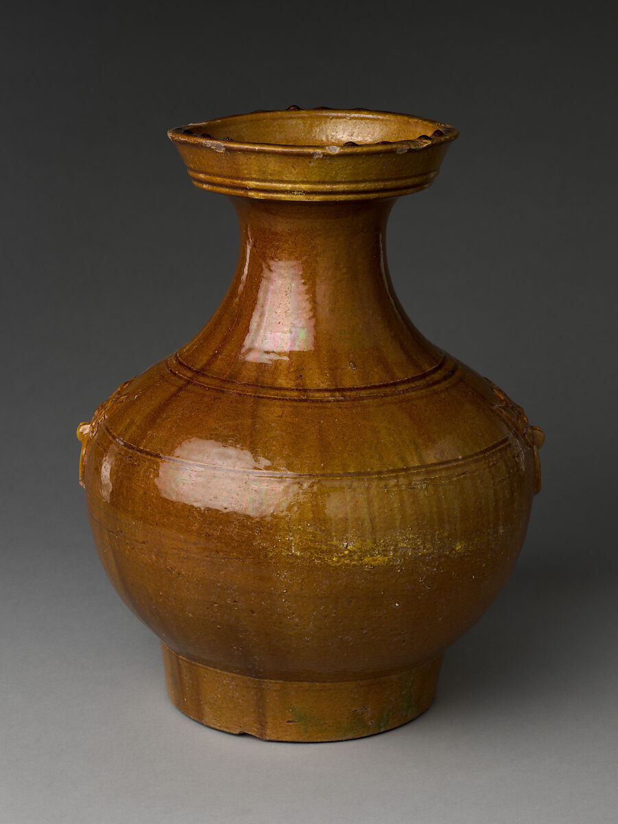 Jar in Shape of Archaic Bronze Vessel (Hu), Earthenware with incised decoration under amber glaze, China